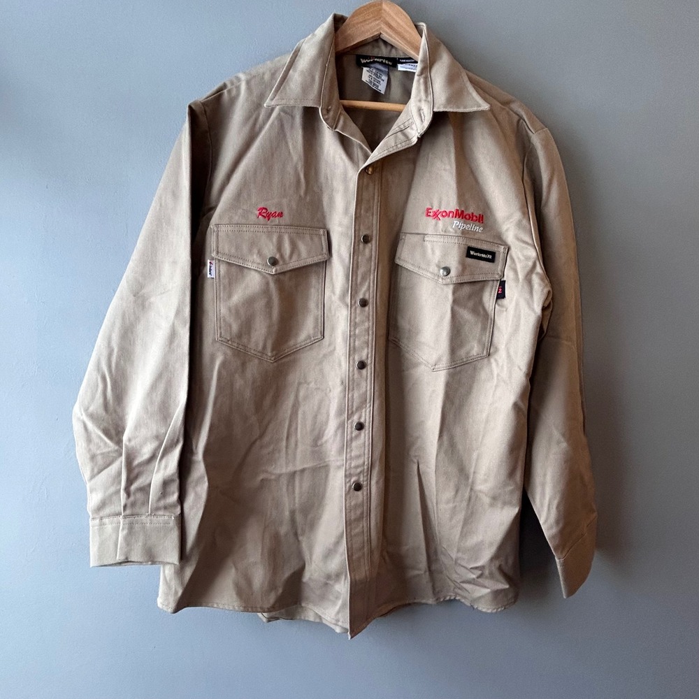 Workrite Flame Resistant Button Up Shirt Mens Tan Long Sleeve